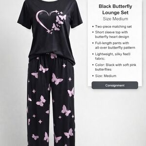 Black Lounge Set with Soft Pink Butterfly Print
